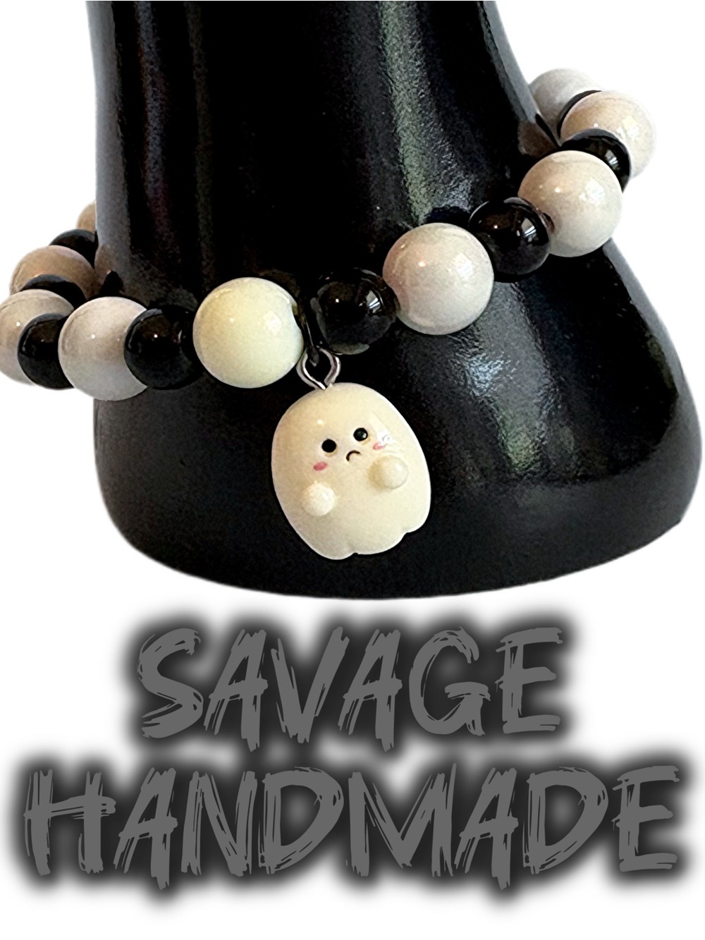Handmade Baby Ghost Charm Beaded Stretch Bracelet / Black + White